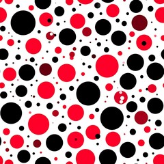 A playful chaotic pattern with red and black circles scattered randomly on a white background