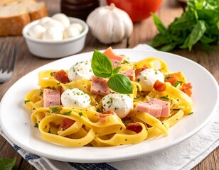 A plate of pasta with ham, mozzarella, and basil sits on a textured cloth on a wooden surface