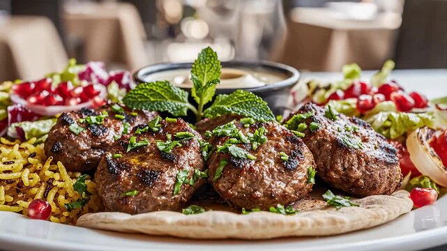 Serving Grilled Kofta Kebabs With Salad and Tahini Sauce