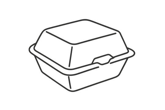 Outlined takeout food box, polystyrene foam container or clamshell packaging, disposable fast food delivery icon, transparent background