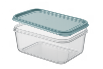 Plastic food storage container with a teal lid, showing organization, meal prep, and kitchen storage solutions, on transparent background