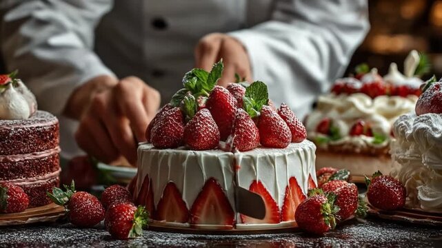 A close-up of a chef slicing a strawberry cake, surrounded by other desserts