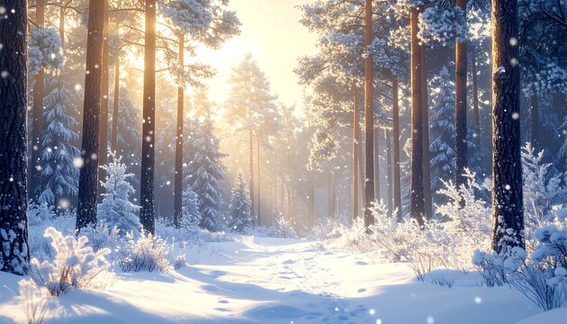 Sunlit winter forest scene with snow-covered trees and a path - Powered by Adobe