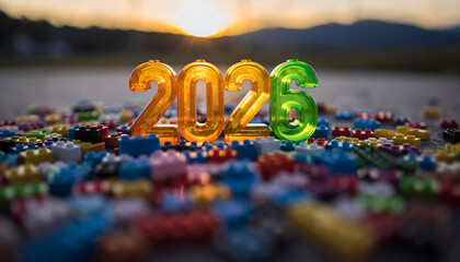 Bright 2026 numbers emerge from colorful building blocks at sunset