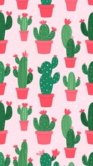 A playful repeat pattern of various green cacti in pink pots, set against a pastel pink background dotted with white