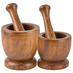 wooden mortar and pestles isolated on white or transparent background