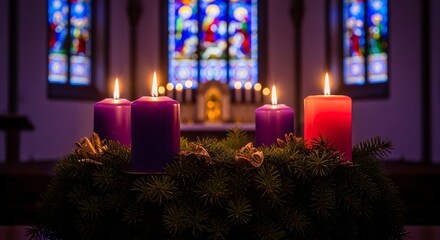 Advent Sunday Candles Wreath Lit in Church Celebrating Hope & Christmas Season Tradition