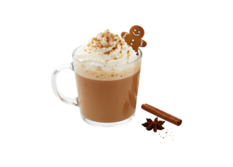 A Gingerbread Latte served in a clear mug, accompanied by cookies on the side

