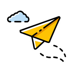 Yellow Paper Airplane Flying Upwards Against Black Background