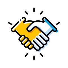 A vibrant cartoon handshake icon against a black background