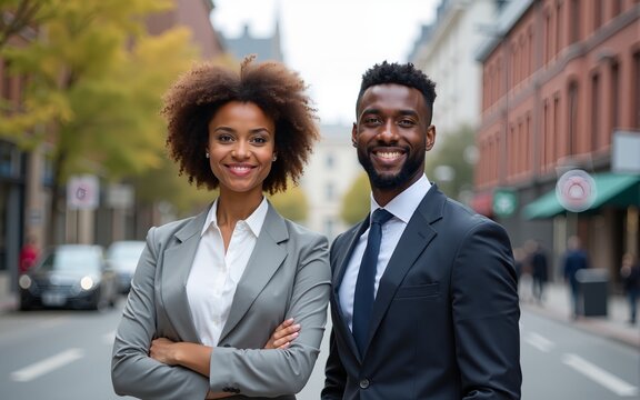 Vertical portrait of young happy professional corporate office team of two diverse confident female and male partners business people man and woman standing outdoors on city street looking at camera.