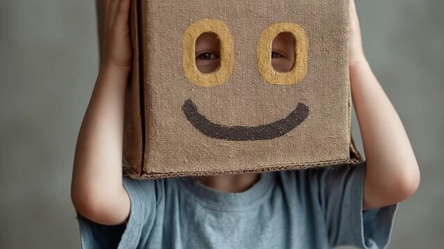 Child with a cardboard box smiley face mask on, peeking through eyes