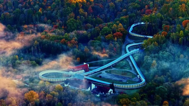 Aerial of winding bobsled track nestled in a foggy autumn forest, Sigulda, Latvia