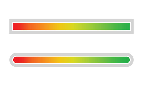 Gradient progress bar collection in modern UI style, rectangular and rounded loading meters with red-to-green color transition, minimal dashboard elements for apps, web design, interface mockups