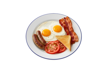 A traditional breakfast plate with sunny-side-up eggs, crunchy bacon, sausages, and fresh tomatoes to kick off your day right. Isolated on a white background
