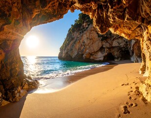 Sunny beach scene viewed from a cave entrance, calm sea, rocky cliff