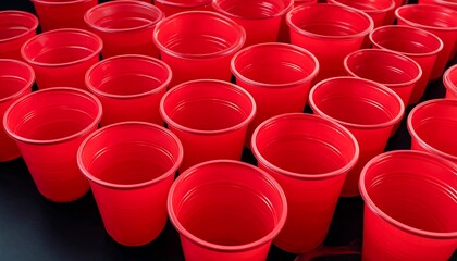 A plethora of bright red plastic cups, neatly arranged, creating a repetitive pattern against a dark background