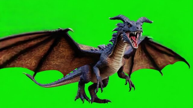 A blue dragon with brown wings flying in front of a bright green screen background image green screen dragon video