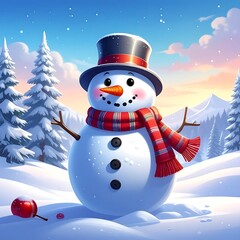 A happy snowman smiles in a snow-covered landscape under a bright blue sky with soft pastel clouds