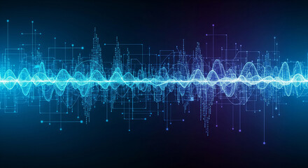 Digital audio spectrum visualization in blue neon tones, modern tech background for music production, podcast design, sound engineering, futuristic media themes, waveform graphics