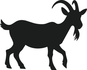 Black silhouette of a goat walking with horns and beard