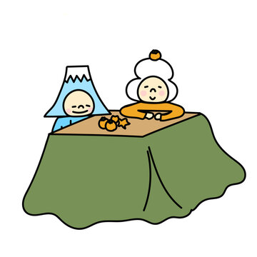 こたつに入る鏡餅と富士山のイラスト
