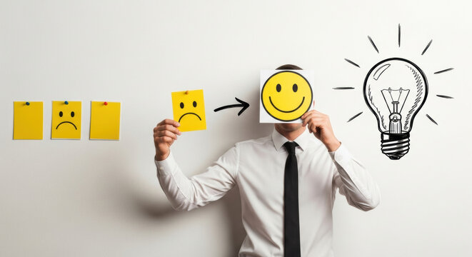 Man in white shirt holds happy face over his own, transitioning from sad to happy expressions on sticky notes, with lightbulb symbolizing creative idea