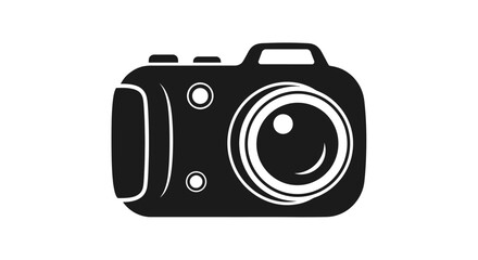 A black silhouette icon of a modern digital camera isolated on a plain white background.