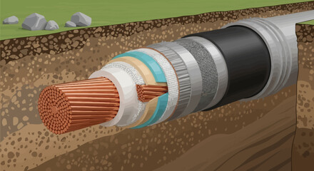 Cross-section illustration of a buried power cable showing its multiple protective layers and copper conductors.