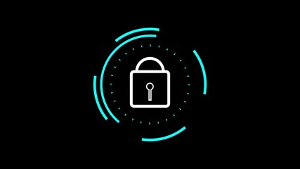 Animation White Padlock Icon with Cyan Digital Aura on Black Background security symbol. White padlock icon with cyan digital aura animates smoothly, illustrating security and protection in sleek. - Powered by Adobe