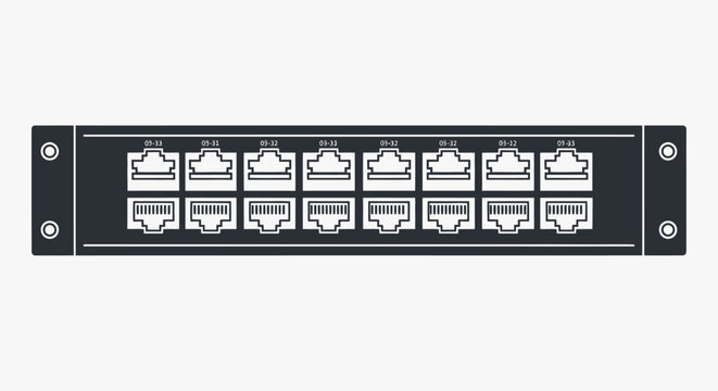 A 16-port network patch panel with RJ45 sockets for ethernet connections, shown in a flat vector illustration style.