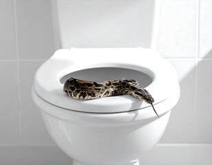 A snake, patterned brown and tan, is resting atop a white toilet seat in a brightly lit, tiled bathroom setting