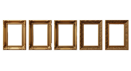 Collection of five golden frames, perfect for creating a gallery wall, showcasing multiple artworks, or adding a touch of vintage charm