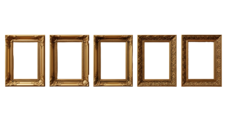 Collection of five golden frames, perfect for creating a gallery wall, showcasing multiple artworks, or adding a touch of vintage charm