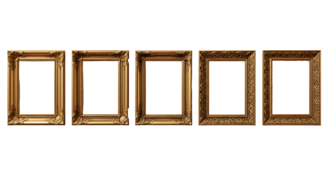 Collection of five golden frames, perfect for creating a gallery wall, showcasing multiple artworks, or adding a touch of vintage charm