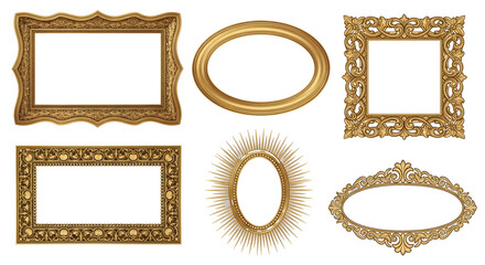 Set of luxurious golden picture frames, featuring diverse shapes and elaborate ornamentation for showcasing cherished memories and artwork