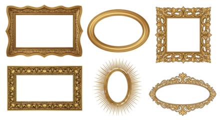 Set of luxurious golden picture frames, featuring diverse shapes and elaborate ornamentation for showcasing cherished memories and artwork