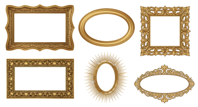 Set of luxurious golden picture frames, featuring diverse shapes and elaborate ornamentation for showcasing cherished memories and artwork