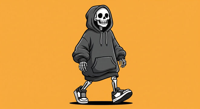 Hooded skeleton character standing in casual outfit, Halloween streetwear illustration for merchandise, sticker designs, edgy apparel graphics, spooky themed artwork, cartoon character art