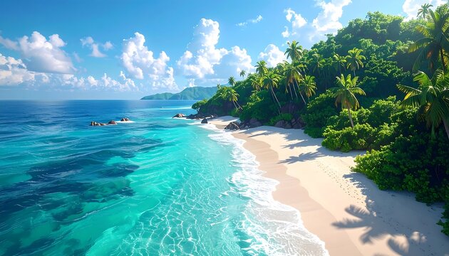 Sunny beach scene with turquoise waters and lush green vegetation