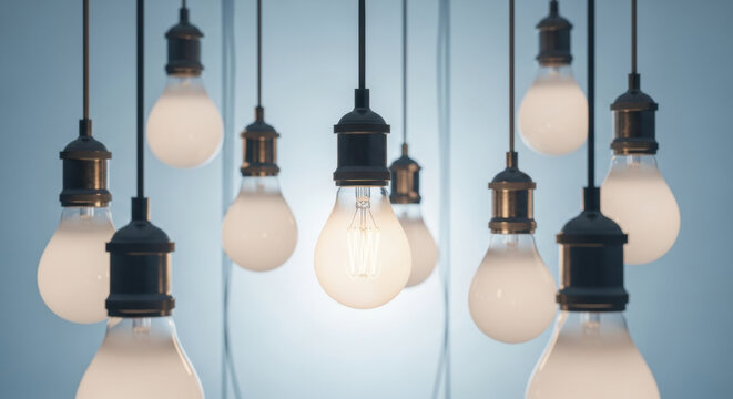 Hanging light bulb glowing electricity innovation idea illumination glass energy technology inspiration Multiple hanging light bulbs with one illuminated symbolizing creativity innovation - Powered by Adobe