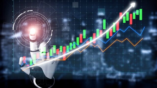 A futuristic robotic hand interacts with vibrant financial growth graphs in a digital landscape, highlighting the fusion of technology and finance in modern analysis. Copula