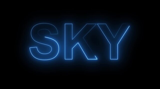 Blue Neon Glowing Word SKY on animation Black Background text lettering. Bule neon text SKY pulses with glowing effects, perfect for modern digital signage or motion graphics.