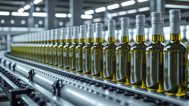 Olive oil bottles moving along a production line in a modern factory