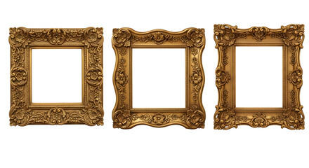 Three antique gold ornate frames, perfect for showcasing artwork, photos, or certificates with a touch of vintage sophistication