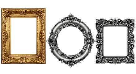 A trio of ornate picture frames, featuring gold and silver finishes, perfect for displaying art with vintage elegance