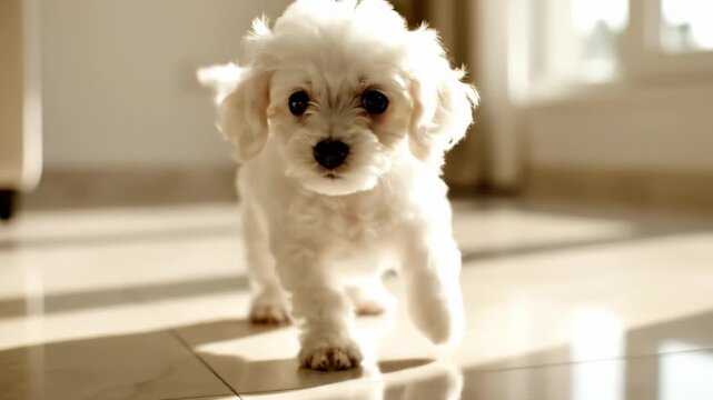 Small White Dog Walking Inside Home on Tiled Floor