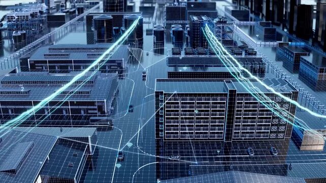 Holographic images, aerial views of modern factories, scenes of artificial intelligence technology, robotic arms, fully automated factory interiors, and 3D animation.