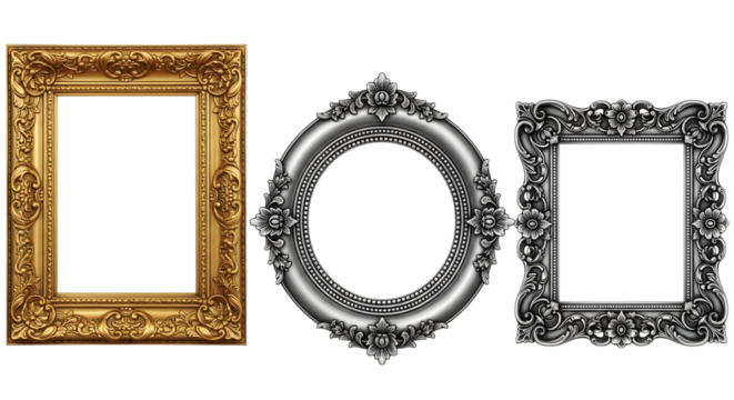 A trio of ornate picture frames, featuring gold and silver finishes, perfect for displaying art with vintage elegance