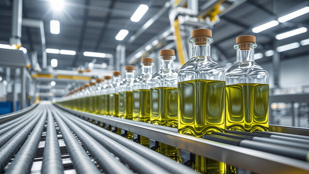 Olive oil bottles on a production line in a modern factory setting